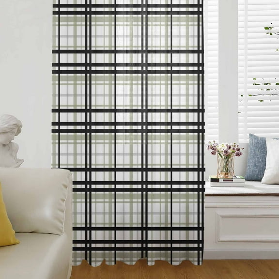 Sage Green Black Plaid Semi Sheer Curtains Drapes for Living Room,Bedroom,French Doors Window 108 Inches Long,Farmhouse Green Black Checkered Rod Pocket Chiffon Curtain Drapery Voile Draperies Panel
