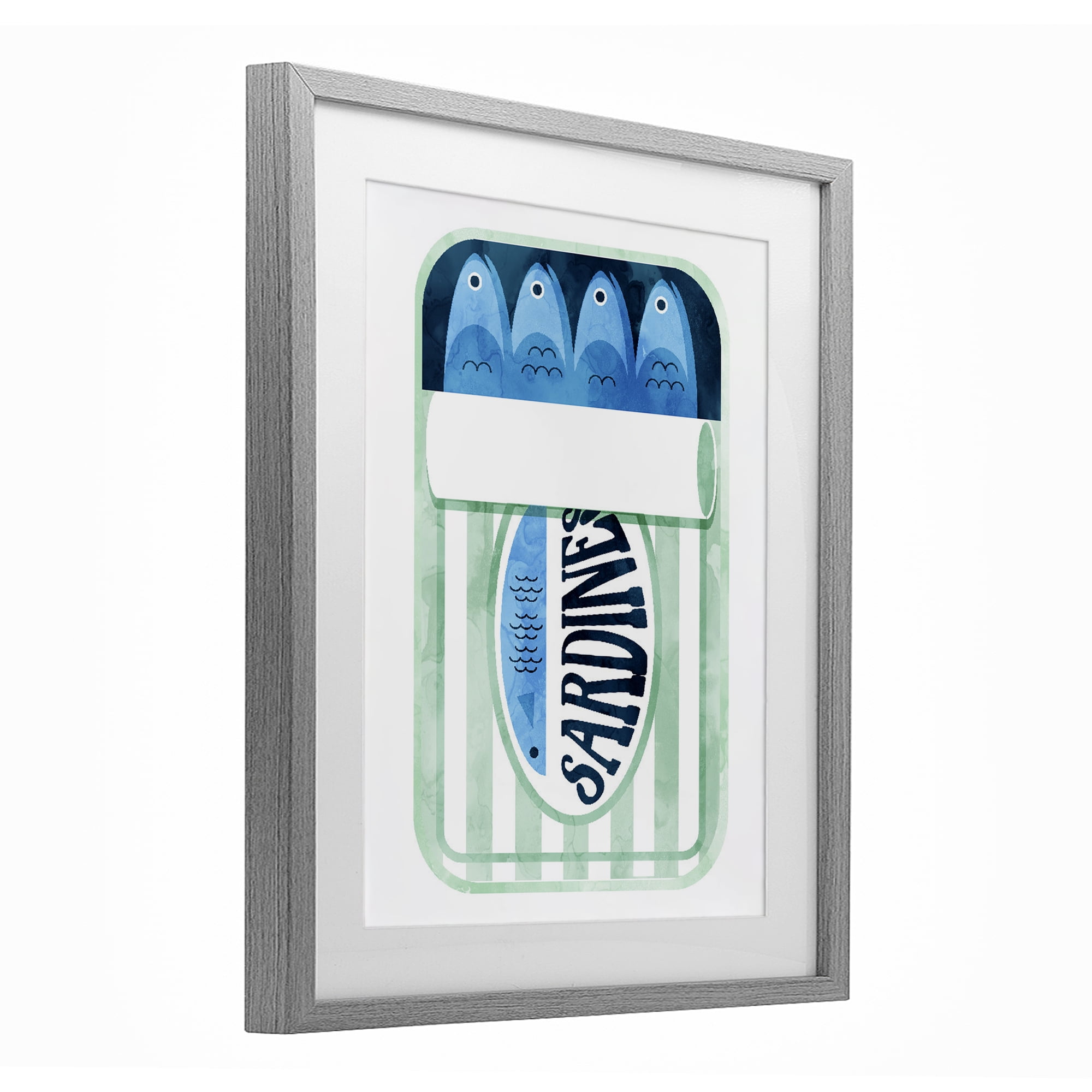 Green Stripe Sardine Tin Gray Framed Print Under Glass, design by Daphne Polselli