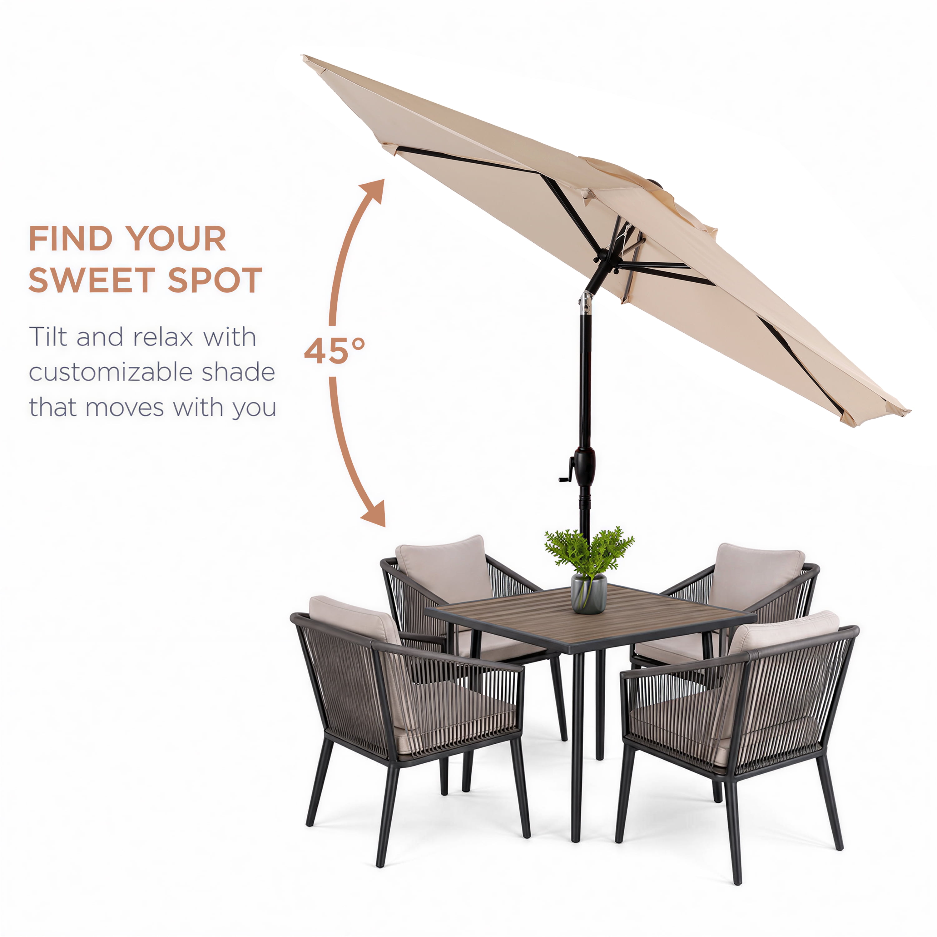 10FT Beige Outdoor Market Patio Umbrella with Crank & Push Button 45° Tilt, 6-Rib Iron Pole PA Waterproof Polyester Canopy for Garden Deck Pool Backyard, Base Not Included