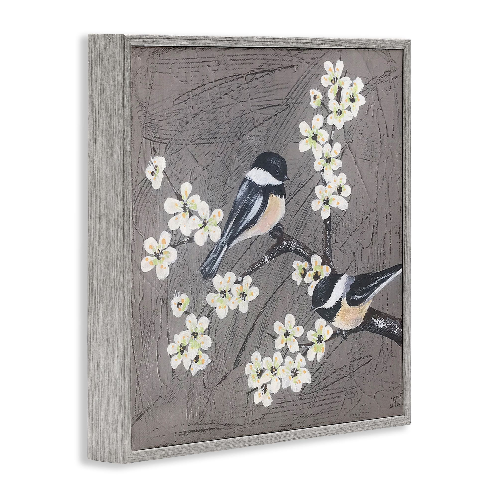 Stupell Industries Birds & Apple Blossoms Animals & Insects Painting Gray Framed Art Print Wall Art, 17 x 17