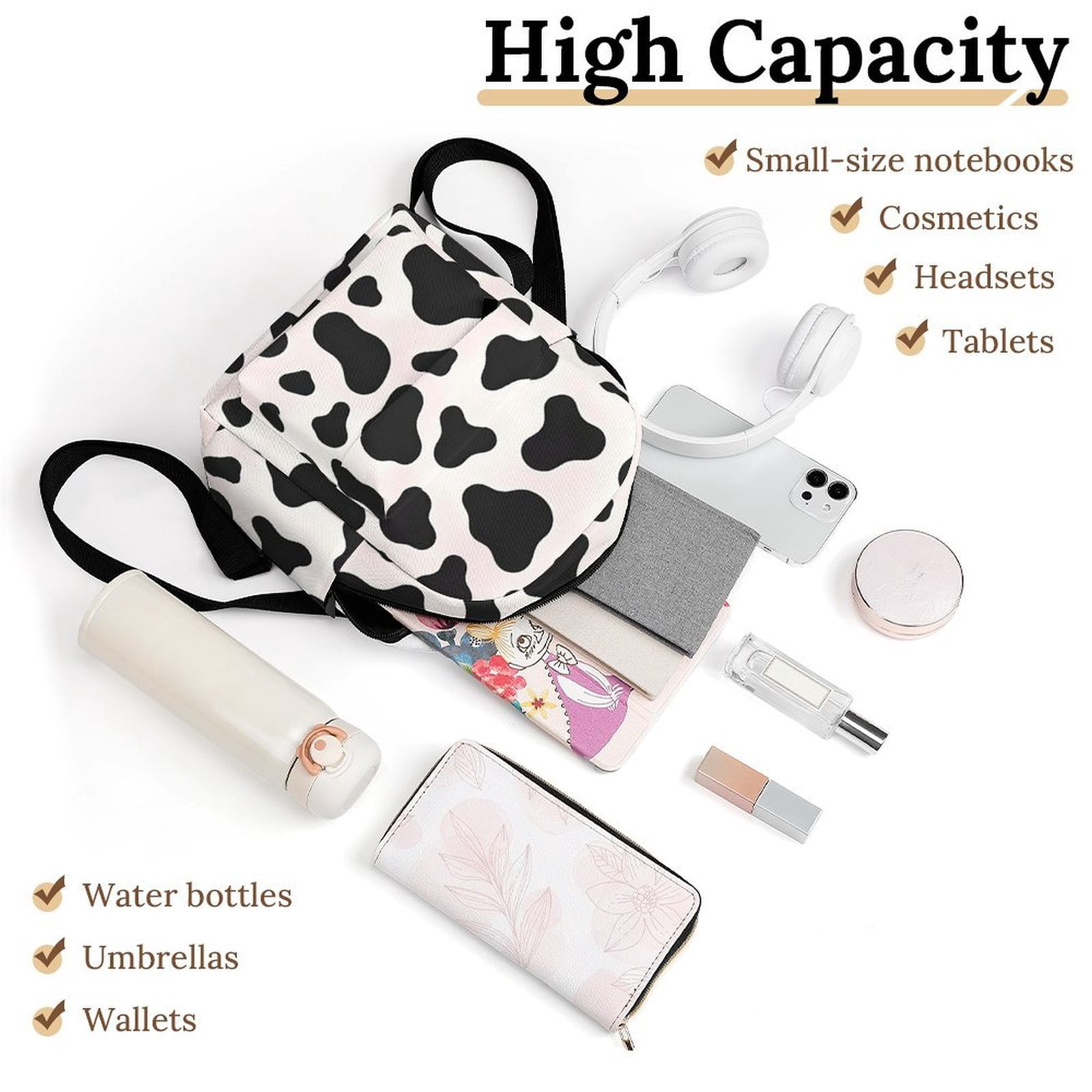 8.1×10in Casual Women'S Backpack With Anti-Contraction And Stretch For Sports Activities Travel Picnics Simple Cow-print Pattern1_4