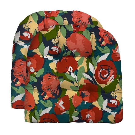 RSH Décor Indoor Outdoor Set of 2 U-Shape Wicker Tufted Seat Cushions, Large, Novino Multi Red Floral