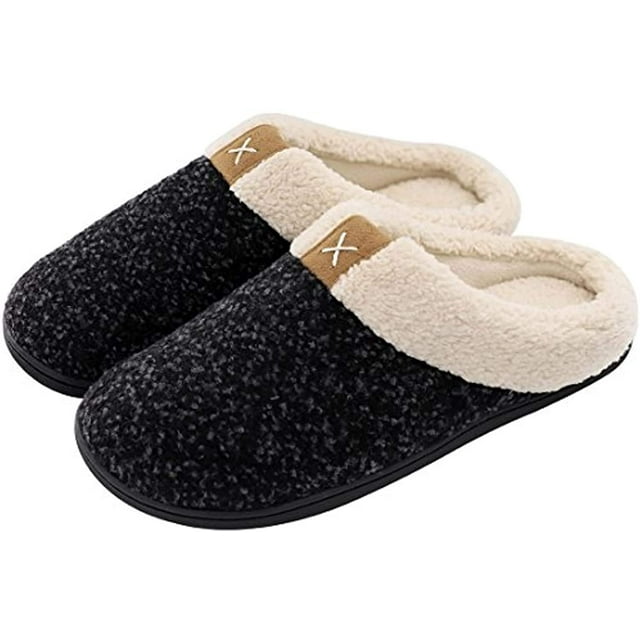 Men's Cozy Memory Foam Slippers with Fluffy Plush Wool-Like Lining, Slip-on Clog Slippers with Non-Slip Rubber Sole
