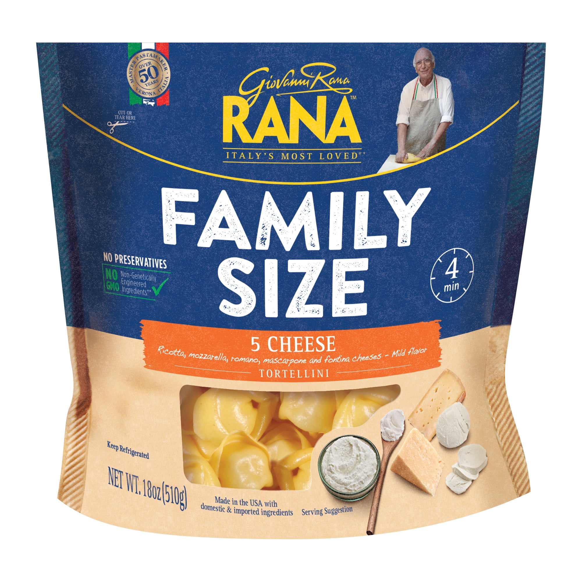 Giovanni Rana Homestyle Tortellini 5 Cheese Premium Flat Cut Pasta Bag (Family Size, 18oz)
