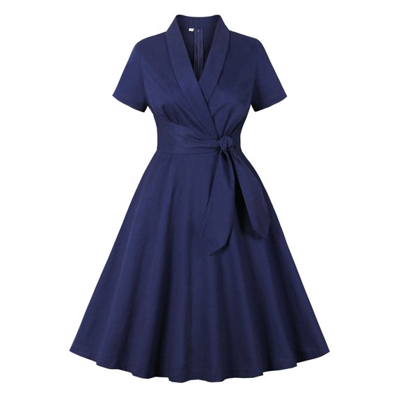 Women Dresses Summer Casual V-Neck ButtonZipper Short Sleeve Solid Dress