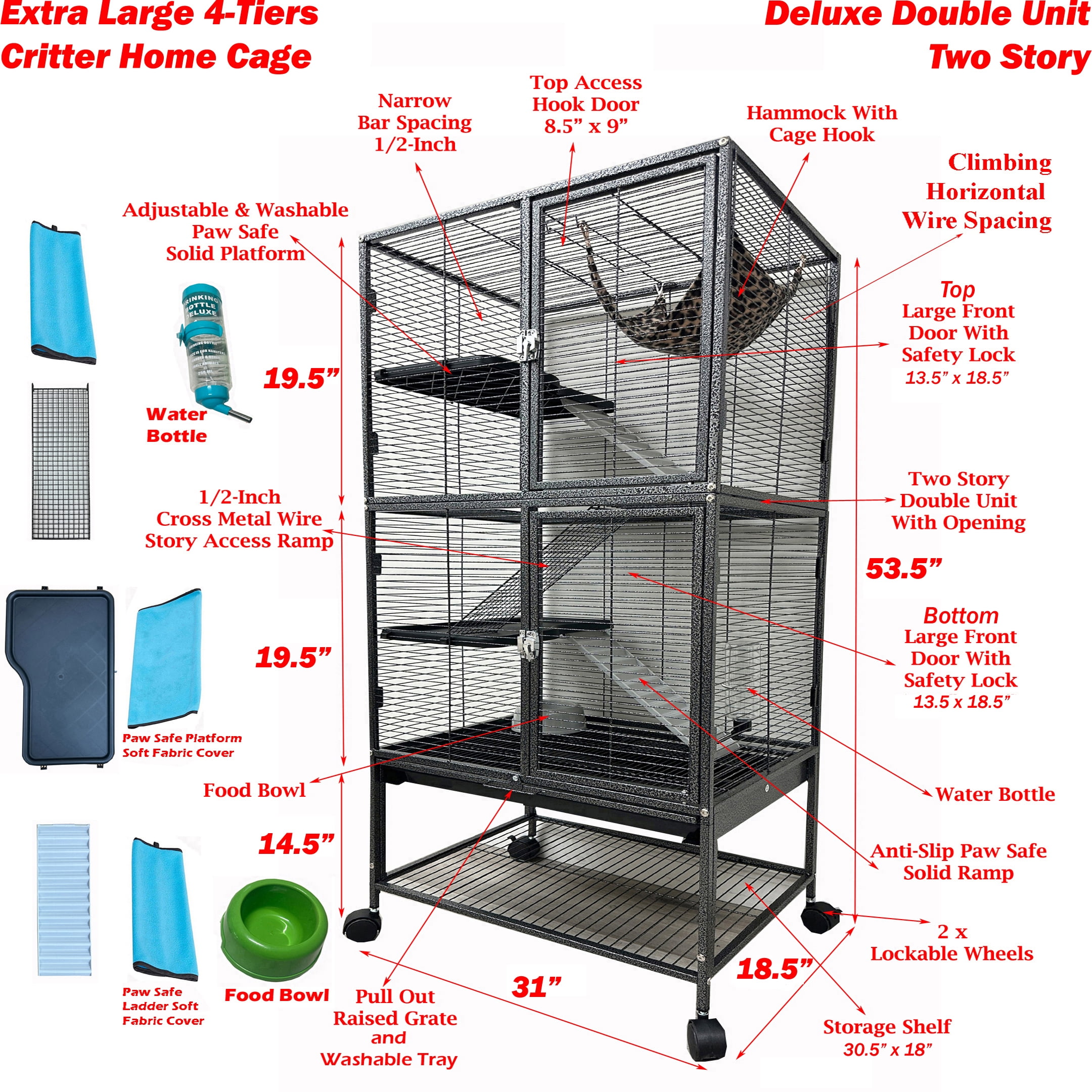 31"x18.5"x53.5"H X-Large Double Unit Two Full Story 4-Tiers Tight 1/2-Inch Bar Spacing Large Front Doors for Feisty Ferret Squirrel Hammock Chinchilla Rat Gerbil Small Animals Critters Rolling Cage