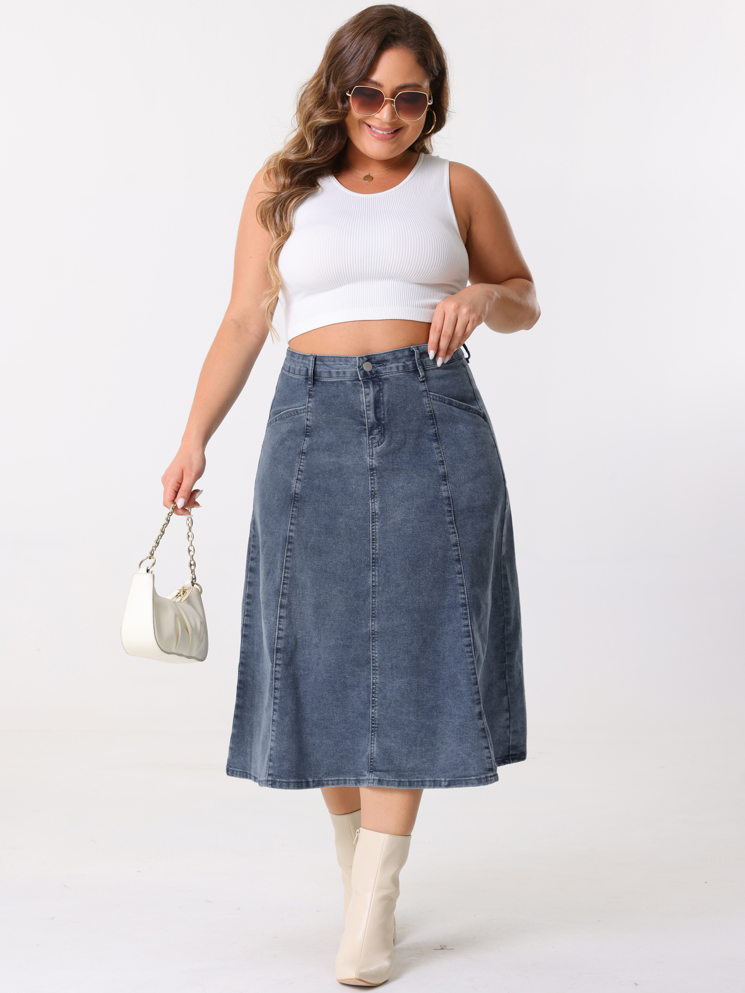 DARING DIVA Women's Plus Denim Skirts with Pockets A-Line Midi Jean Skirt 1X Grey Blue