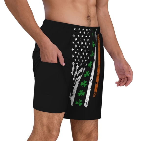 Mens Irish America Flag Swimming Trunks with Compression Liner Beach Quick Dry Swim Shorts
