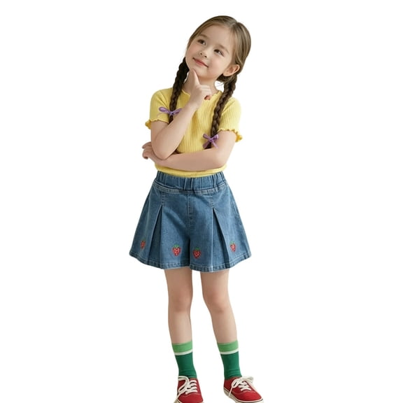 RMGVDSD Pleated Denim Skirts For Girls Casual Mini Summer Heart Printed A Line Flared Elastic Waist Loose Fit Party Kids Fashion Cute Comfortable Skirts,2-3 Years