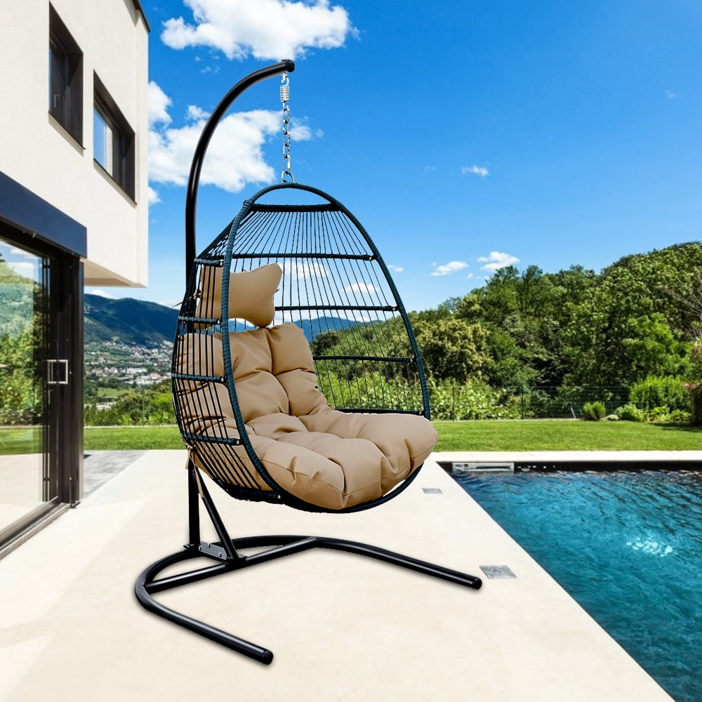Patio Wicker Hanging Chair with Stand and Gray Cushion, Heavy Duty