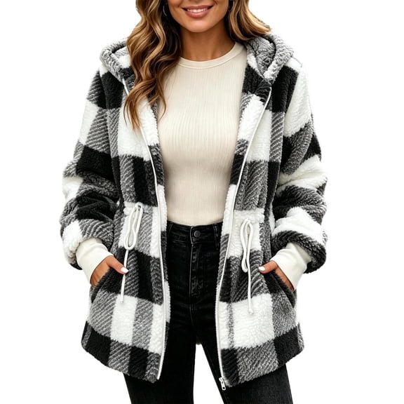 cocolona Womens Sherpa Jacket Oversized Long Sleeve Hooded Zipper Fleece Coat Fuzzy Soft Waist Cinching Winter Warm Plaid Outerwear