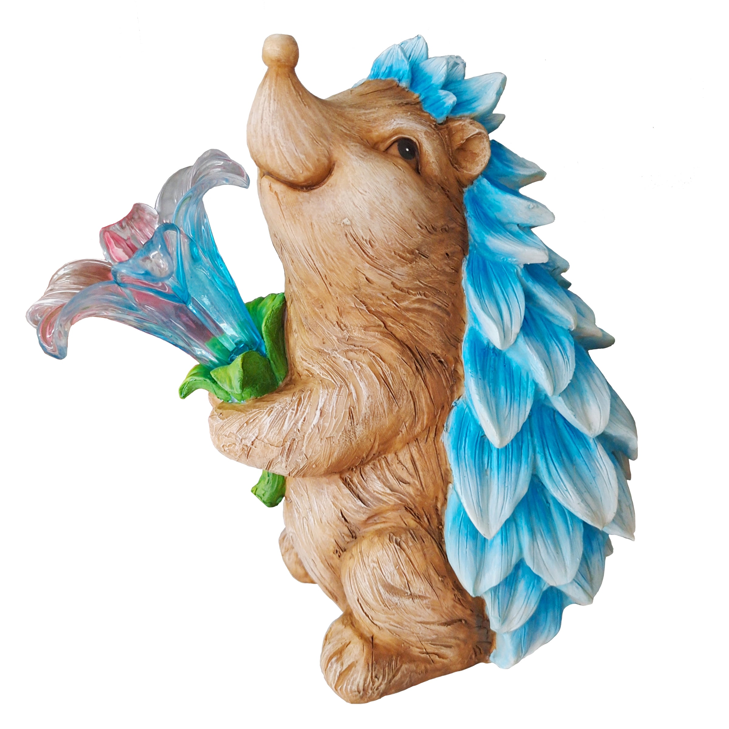 Exhart Solar Blue Hedgehog With LED Flower Garden Statue, 9 Inch
