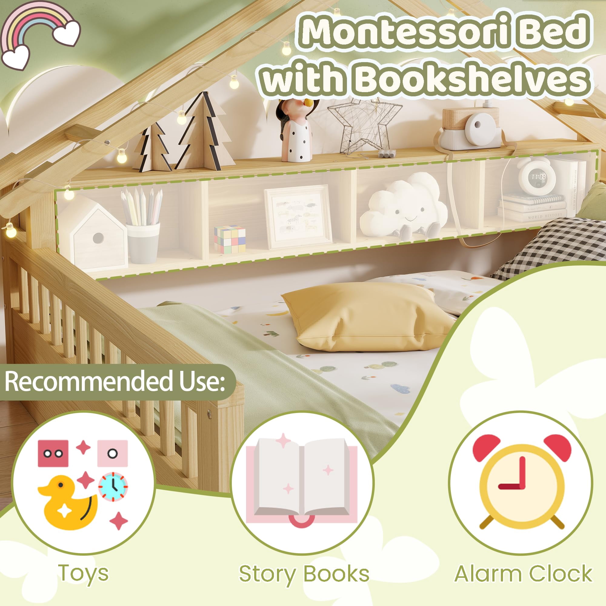 Mirightone Full Size Floor Bed with Storage Bookshelves, Wooden Montessori Bed Frame with Light, Roof Shape & High Safety Rails, Low Profile Beds, No Box Spring Needed, Natural