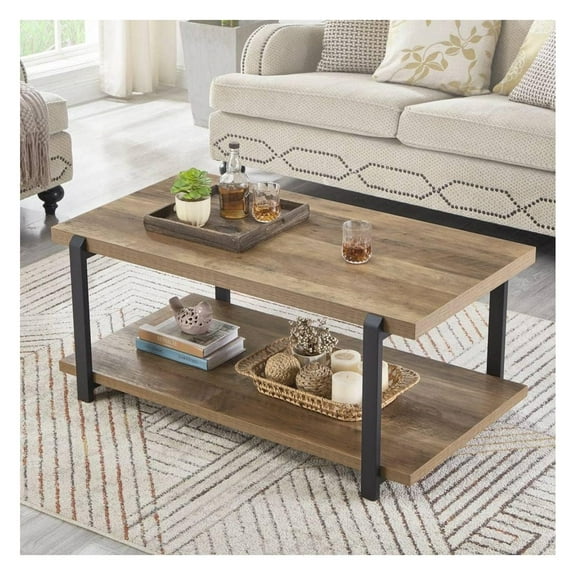 Drevy Industrial Coffee Table with Shelf, Wood and Metal Rustic Cocktail Table for Living Room, Oak