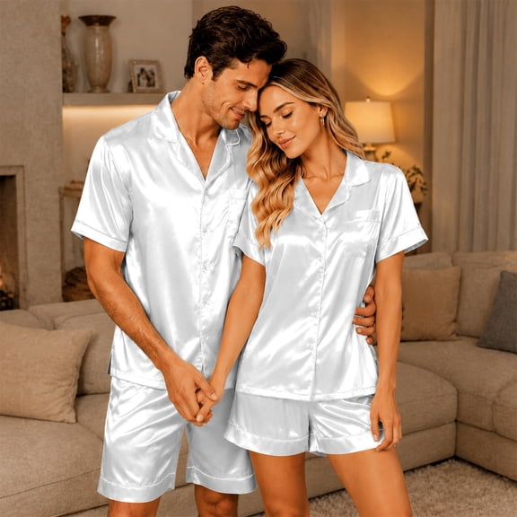 Cozy Couple Pajamas Set Short Sleeve Collar Button Down Tops with Side Slit Short Pants Sleepwear for Women White,XL