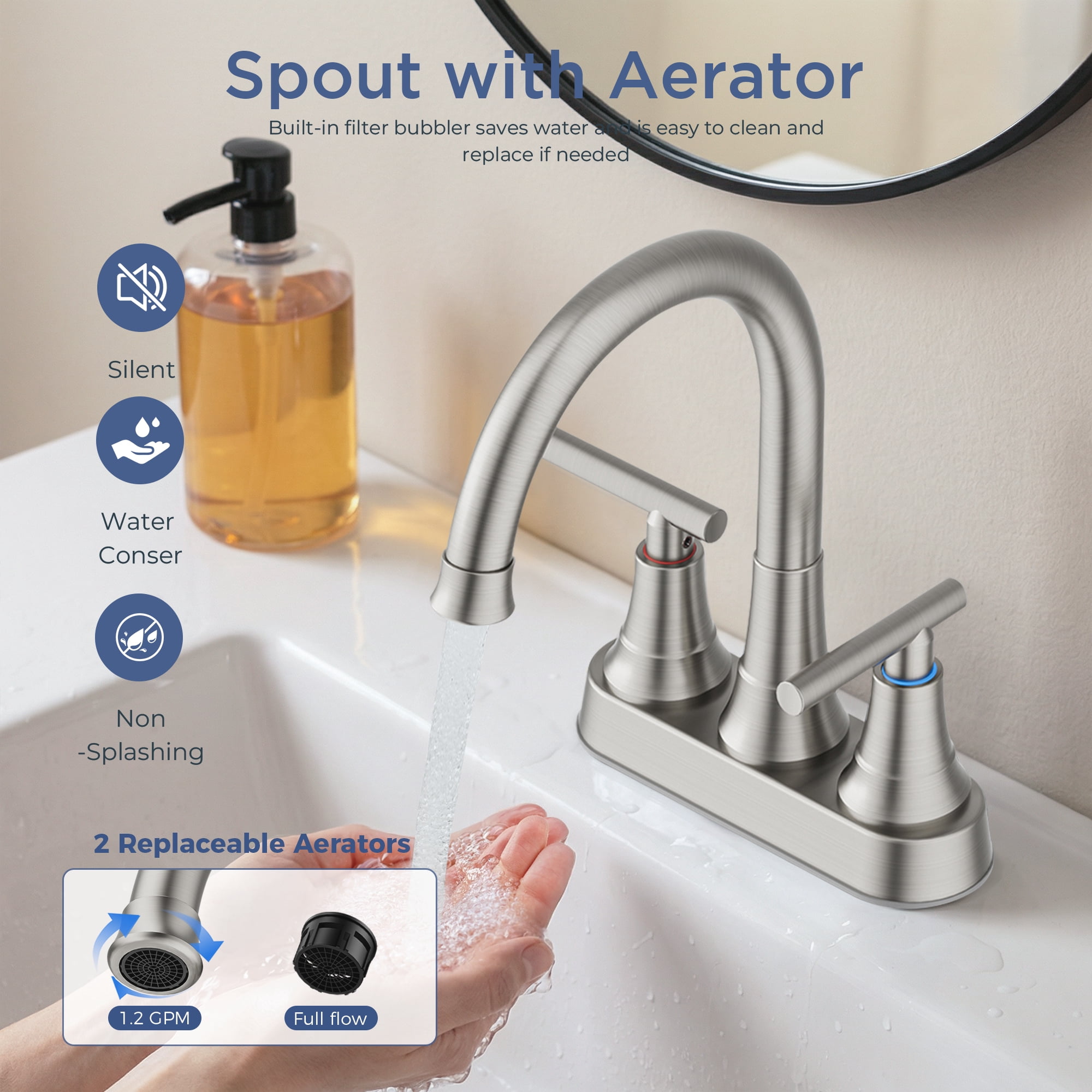 TVOFEK 4 Inch Centerset Bathroom Faucet 2/3 Hole 2-Handle Brushed Nickel Vanity Faucet with Pop Up Drain and cUPC Water Hose, 360°Rotating Spout Water Saving Ceramic Valve for Bathroom RV Camper Bar