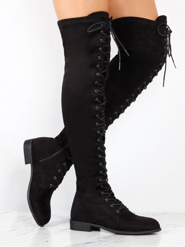 Ladies Over The Knee High Lace Up Boots Flat Stretch Women Thigh High Shoes Size