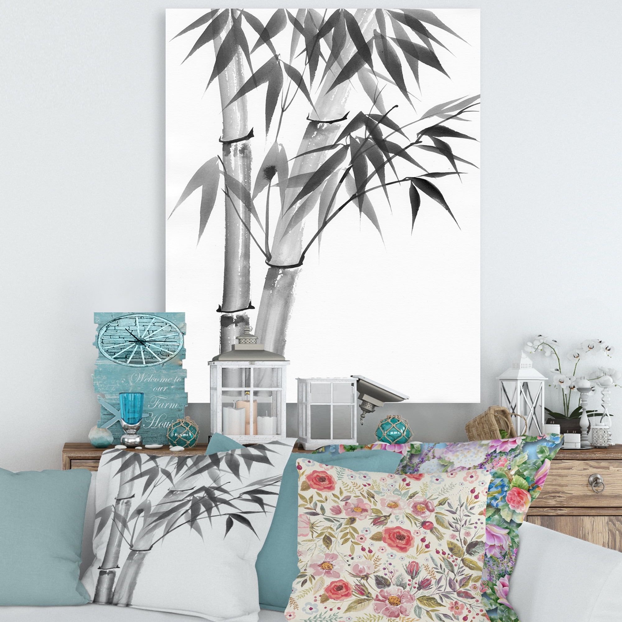 Vintage Black and White Bamboo 30 in x 40 in Painting Canvas Art Print, by Designart