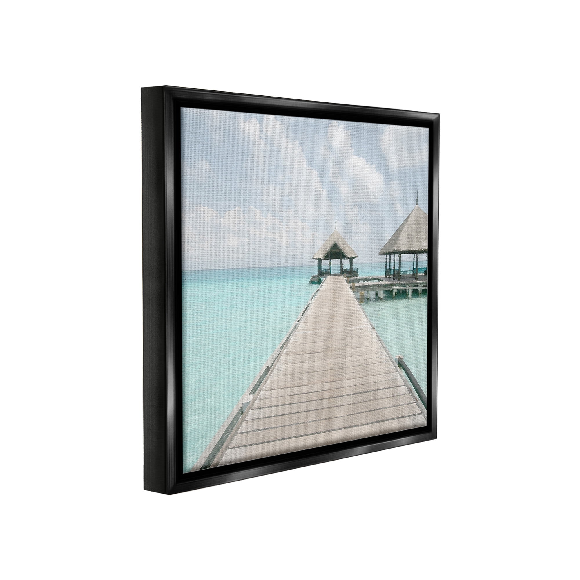 Stupell Industries Tropical Beach Pier Landscape Painting Black Floater Framed Canvas Art Print Wall Art, 18 x 18