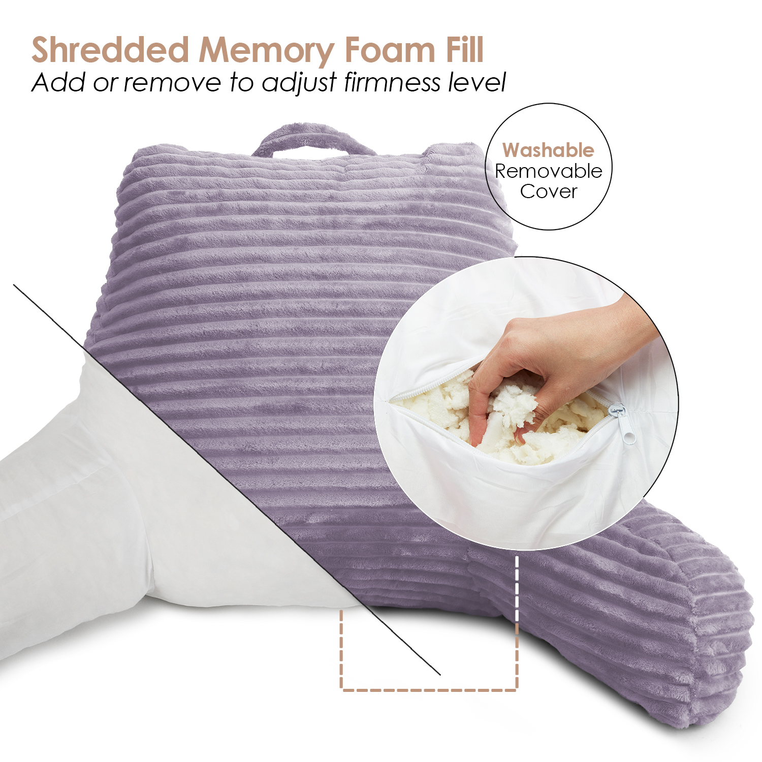 Nestl Backrest Reading Pillow with Blanket, Back Support Pillow with Arms, Shredded Memory Foam Bed Rest Pillow and Throw Blanket,&nbsp;Dust Purple