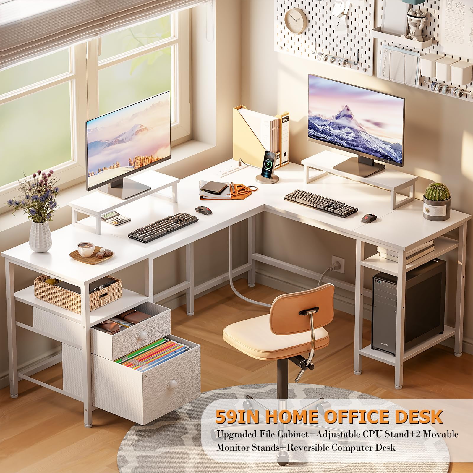 Furologee White 59” L Shaped Desk with Power Outlet, Reversible Computer Desk with File Drawer & 2 Monitor Stands, Corner Home Office Table with Storage Shelves for Gaming Writing