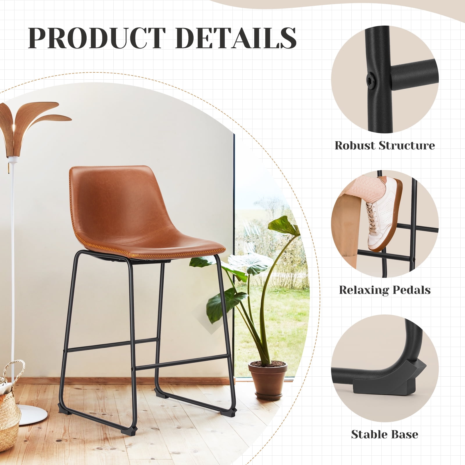 EDX Counter Height Bar Stools Set of 2 With Back and Footrest, Metal Frame, 26 inch, Brown
