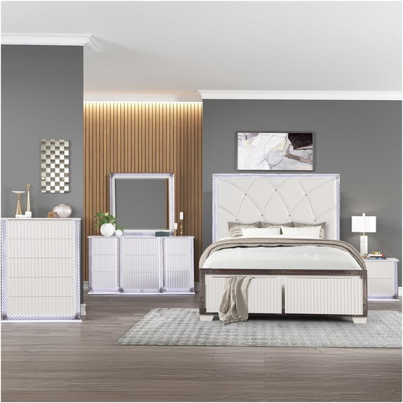 JERFIT 5-Piece Queen Bedroom Set with LED Headboard, Upholstered Bed Frame, Dresser, Nightstand & Chest, White Modern Furniture