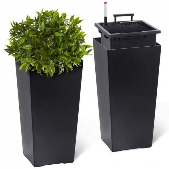 REZJSWFSMMJ 22.5 Inch Tall Planter Set Of 2, Indoor & Outdoor Black Taper Planter With Shelf Insert, Self-Absorbing Plastic Flower Pots, Large Resin Plant Pots ,Black