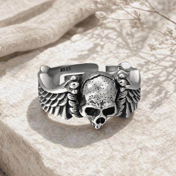 Adjustable Skull Wing Ring for Men Women, Silver Tone Copper Gothic Biker Ring