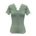 thumbnail image 4 of Seductiva Women's Slim-Fit Short Sleeve T-Shirt Women's Spring Solid Color Lace Hollowomen Splicing V Neck Lace Collar Slimming Short Sleeve T Shirt Fashion Basic Tees Womens Summer Tops, 4 of 9