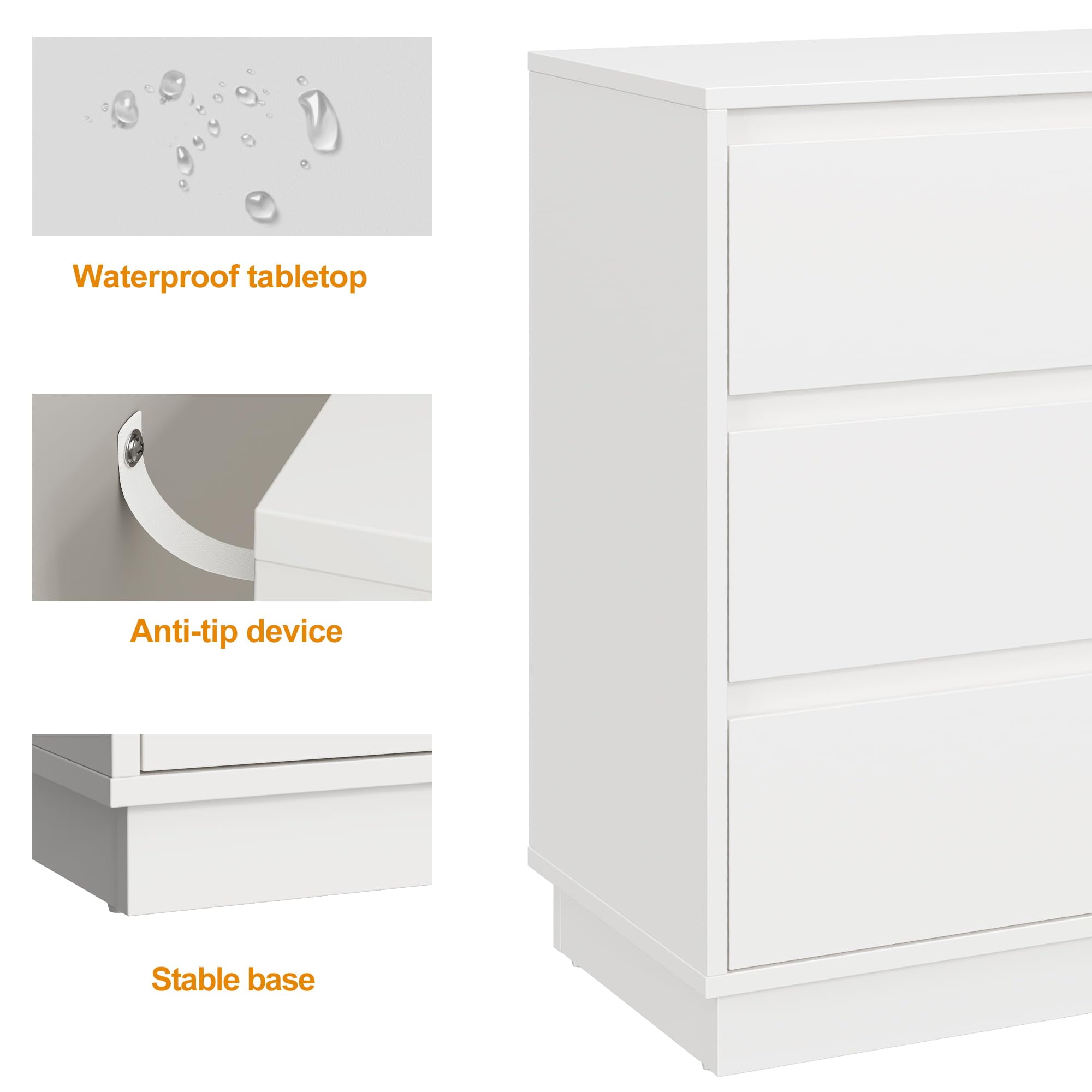 May in Color Tall White 3 Drawer Nightstand for Bedroom, Large End Table Bedside Table, Home Office