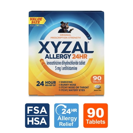 Xyzal 24 Hour Allergy Relief Medicine, Original Prescription Strength Antihistamine, Levocetirizine Dihydrochloride Tablets, 5 mg, 90 Count