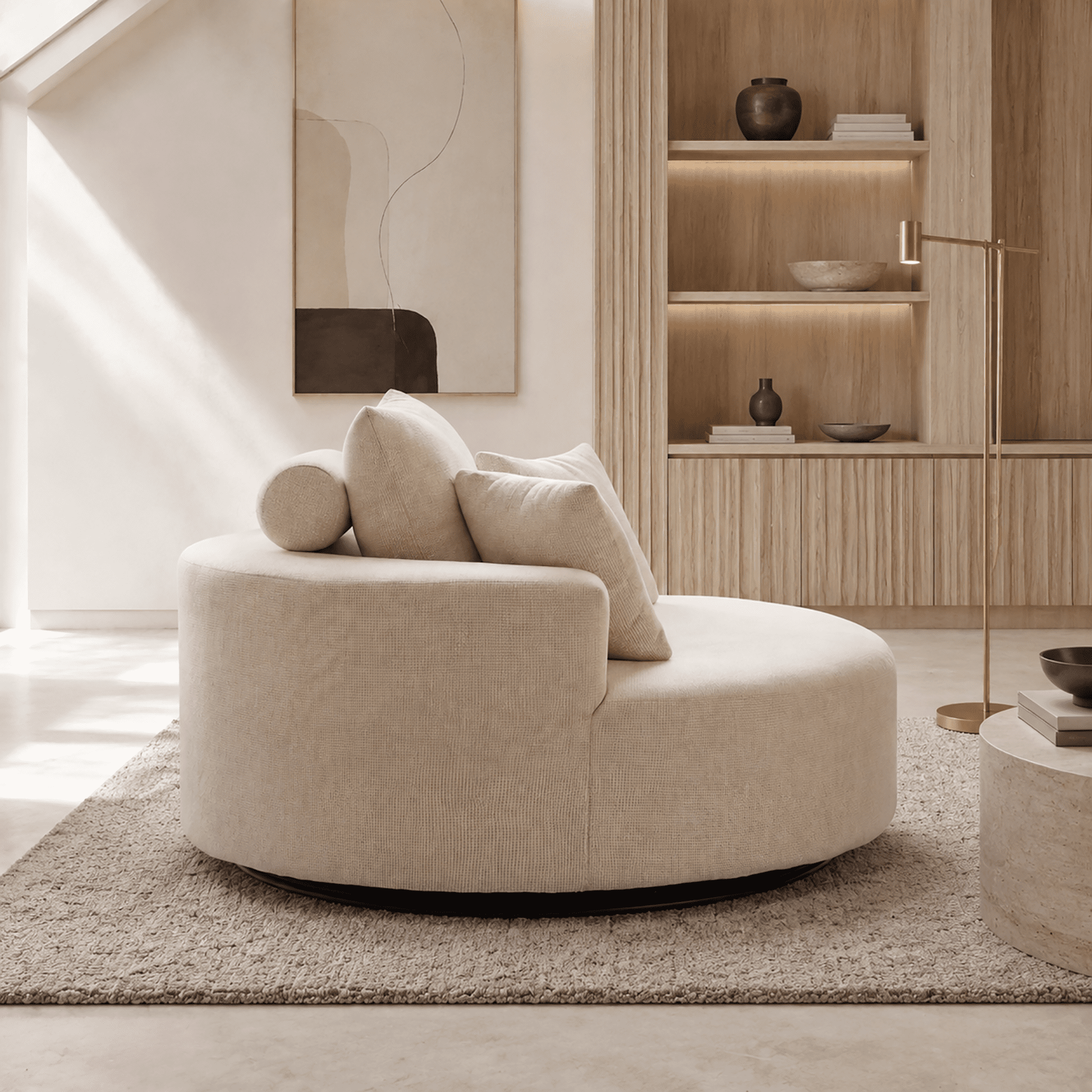 Aukfa 55" Oversized Round Chaise Lounge Chair, Chenille Lounge Sofa with 3 Pillows & Wide Armrests,Beige