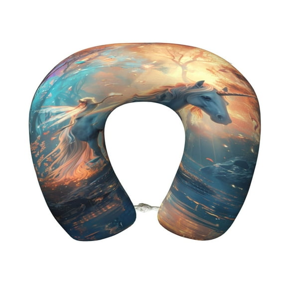Disketp Forest Lake White Horse Travel Pillow Memory Foam Neck Pillow Support Pillow for Camping, Sleeping Rest Cushion Airplane Pillow