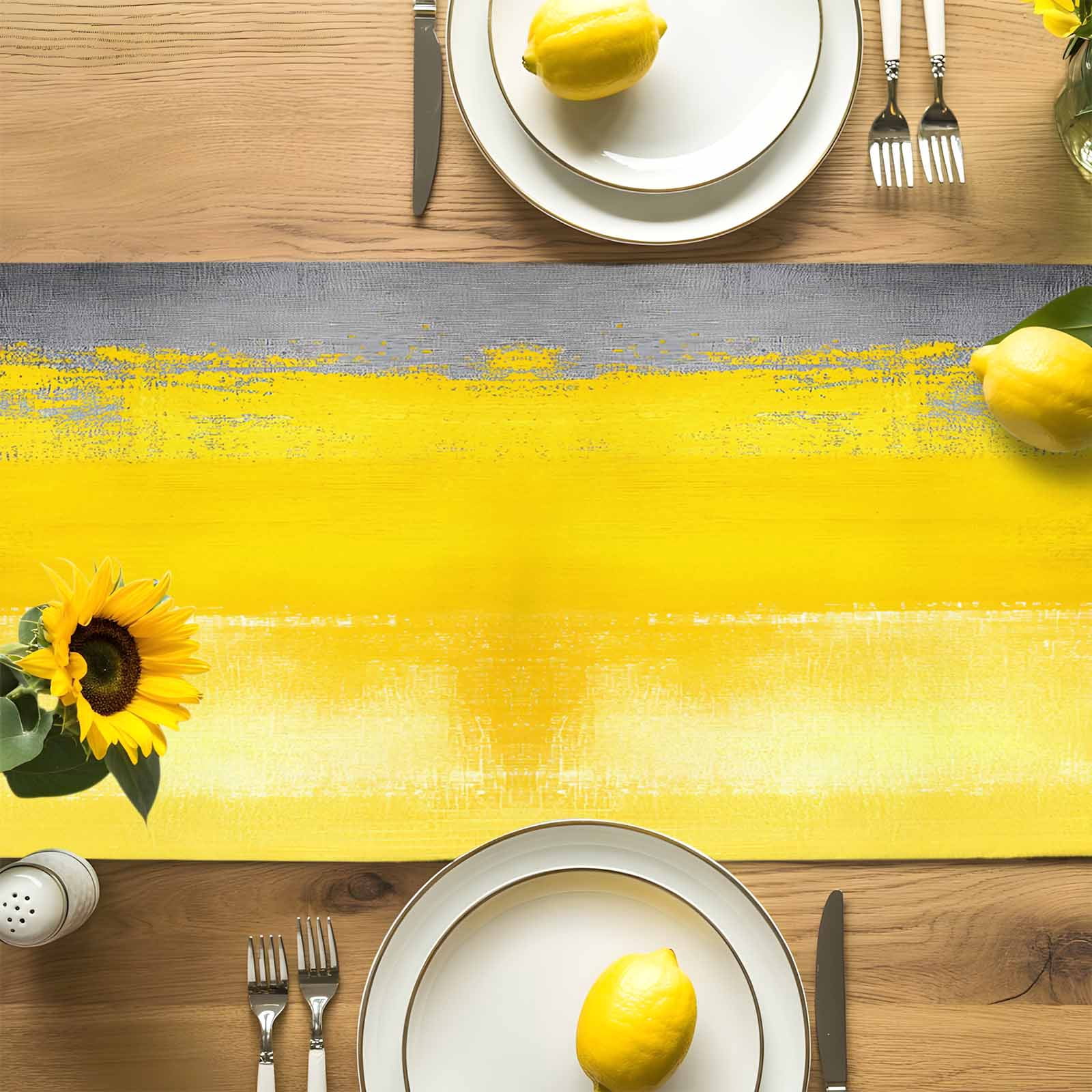 Kitchen Table Runner 90 Inches Long, Vintage Yellow Black White Grey Cotton Linen Table Runners for Dining Tables Home Holiday Party Wedding, Abstract Texture Tabletop Scarf