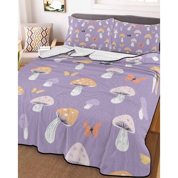 Purple Mushroom Queen Size Down Alternative Comforter, Lightweight Comforter Quilt Bedding Set with Pillow Shams Botanical Butterfly Spring All Seasons Bed Comforter Duvet Insert 90"x96"
