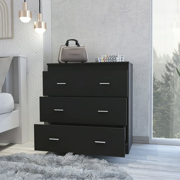 Modern 3 Drawer Dresser, Double Chest of Drawers with Storage, Clothing Organizer with Cut-Out Handle, Dresser Chest, Wood Storage Cabinet for Living Room, Bedroom, Hallway, Black