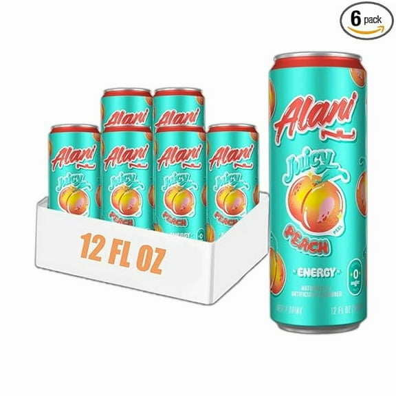 New Alani Energy Drinks Juicy Peach Zero Suger, Low - Calorie, Energy Boost Drinks 12 oz (6 Pack)