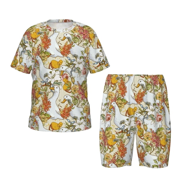 Balery Ducks and Flowers Conjunto de Pijama Infantil de Manga Corta con Estampado – Ropa de Dormir de Algodón Suave-X-Large