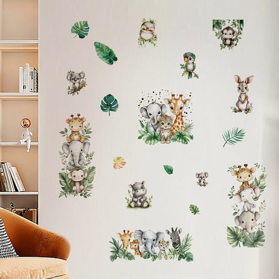 4Pcs 4 Styles Jungle Animal Wall Decals Safari Wall Stickers Peel and Stick Elephant Giraffe Tiger Monkey Waterproof Vinyl Decal