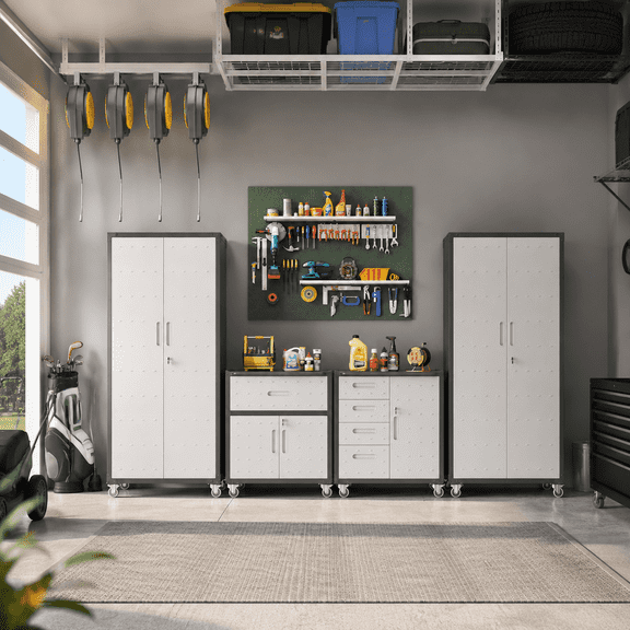 IKIMI 4-Piece Garage Storage Cabinet Set, Garage Storage Cabinets System Workshop Set with Drawers, 2 * Tall Garage Storage Tool Cabinets and 2 * Tool Cabinet with Wheels - Gray