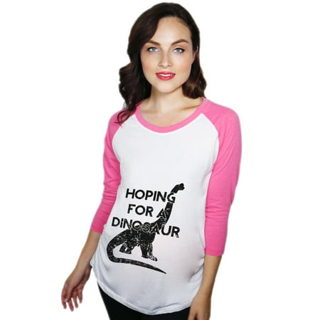 

Maternity Raglan Hoping For A Dinosaur Cute Funny Pregnancy Baseball Tee (Pink) - S