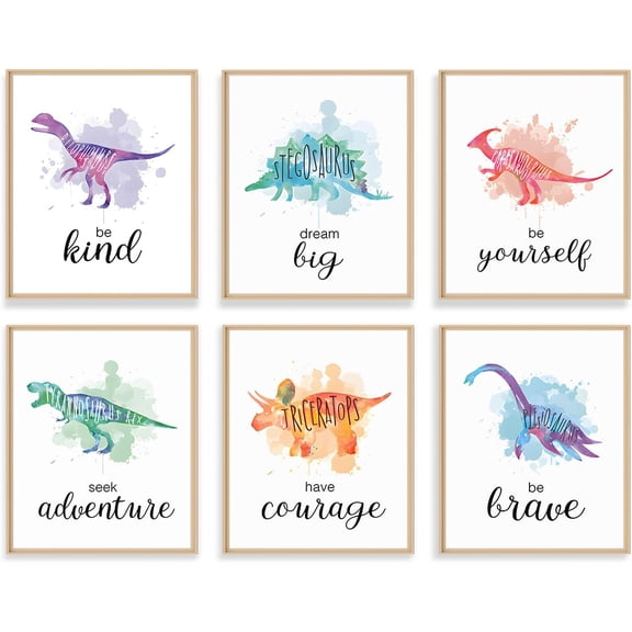 Watercolour Dinosaur Wall Decoration Poster Inspirational Quotes Canvas Pictures for Children's Room Decor 8 x 10 in Unframed Set of 6