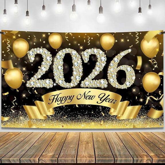 Happy New Year Banner 2026 - 72x44 Inch | New Year Backdrop for Happy New Years Decorations 2026 | Eve Banner 2026 | NYE Decorations 2026 | Indoor Outdoor Celebration Photography Background