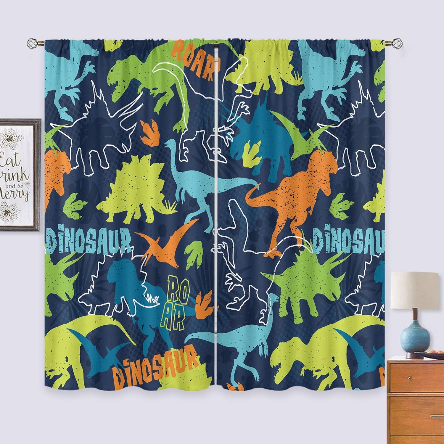 Boys Dinosaur Curtains Rod Pocket Colorful Cartoon Dino for Kids Funny Animals Child Dark Blue Cute Safari Wildlife Art Printed Living Room Bedroom Window Drapes Fabric 2 Panels 42Wx63H Inch