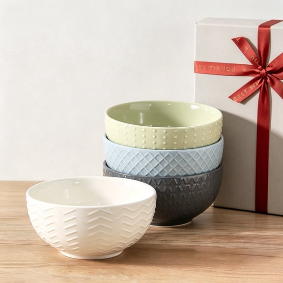 Tikooere Ceramic Cereal Bowls Set of 4, 26oz Embossed Stoneware Bowls, Multi-Color Fresh Design Soup Bowls for Cereal Soup Oatmeal Salad Noodles Rice, Microwave & Dishwasher Safe