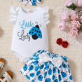 thumbnail image 1 of 3pcs Baby Girls "Little Lady" Ladybug Print Cute Ruffled Sleeves Onesie & Skirt & Headband, Baby Summer Clothes Sets, 1 of 5