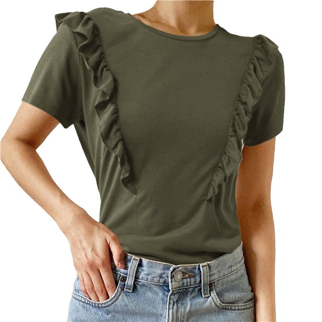 Guardurnaity Camiseta de mujer con volantes de Color sólido Casual suelta Linda blusa para niñas fiesta escolar verano Top elegante ropa de moda Prendas para la parte del cuerpo Verde SG Guardurnaity AP010896-22