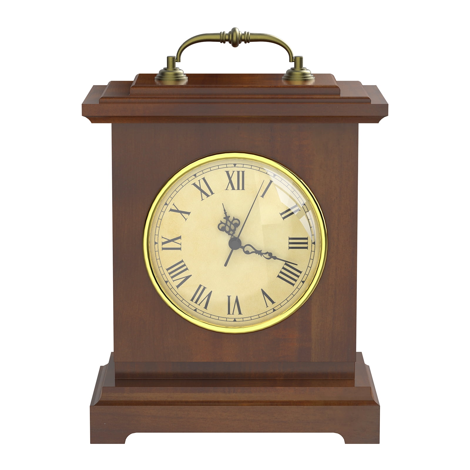 Vintage Table Mantel Clock with Metal Handle, Retro Roman Numeral Desk Clock Burgundy Brown