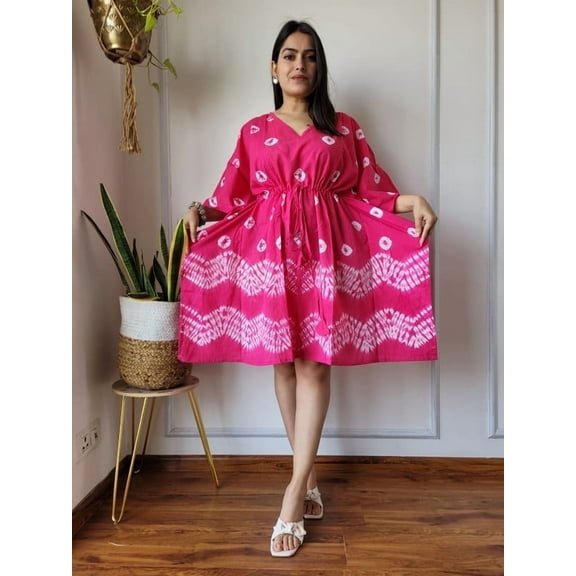 Designer Tie & Dye with Hand Block Print Cotton Short Kaftan in Pink Multicolor